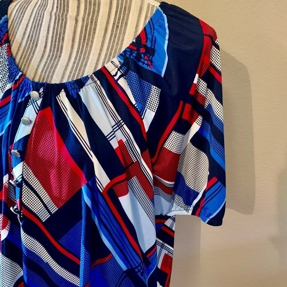 Notations Tunic Top 1X Red White Blue Short Sleeves Buttons Stretchy Boat Neck - Picture 7 of 15